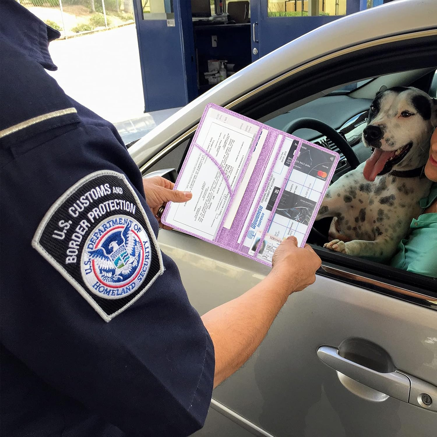 Bodskad Car Registration and Insurance Holder, Premium Leather Insurance and Registration Holder,Vehicle Glove Box Car Organizer, with Magnetic Shut for Cards, Driver License (Glitter Purple) - Glitter Silver A image number 3