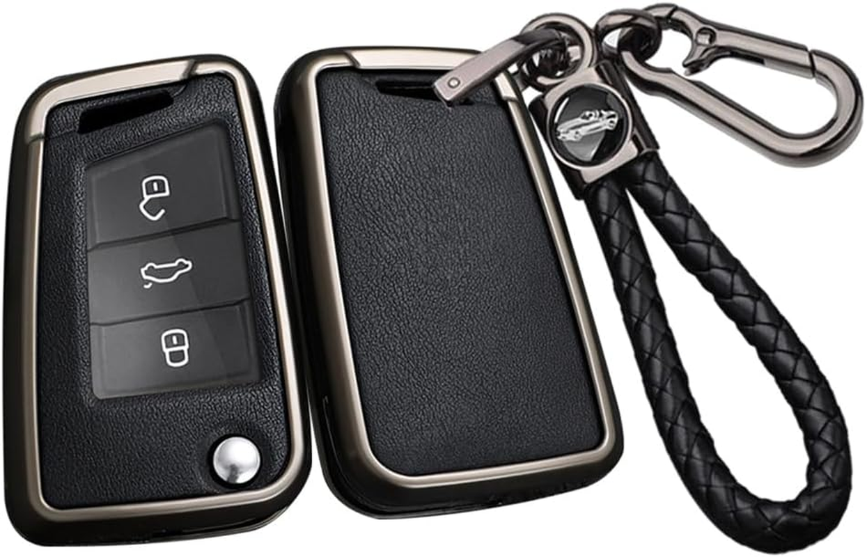 Ontto Alloy Car Key Fob Cover Fit for VW Golf 7 Ateca Arona MK6 MK7 Polo Jetta Fabia Tiguan Touran Toledo for Skoda Seat Leon Ibiza Octavia Flip Leather Key Case Keyring Key Shell Holder Bag Keychain