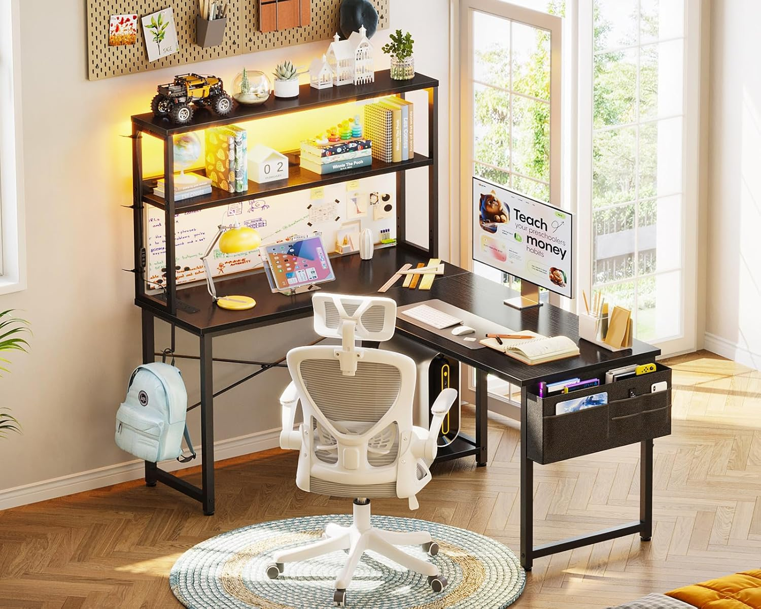 ODK L Shaped Gaming Desk with LED Lights & Power Outlet,Reversible Computer Desk with Adjustable Shelves, Corner Desk with Storage Bag & Headphone Hook for Home Office,Gaming,115 * 80 * 75.6Cm,Black image number 1