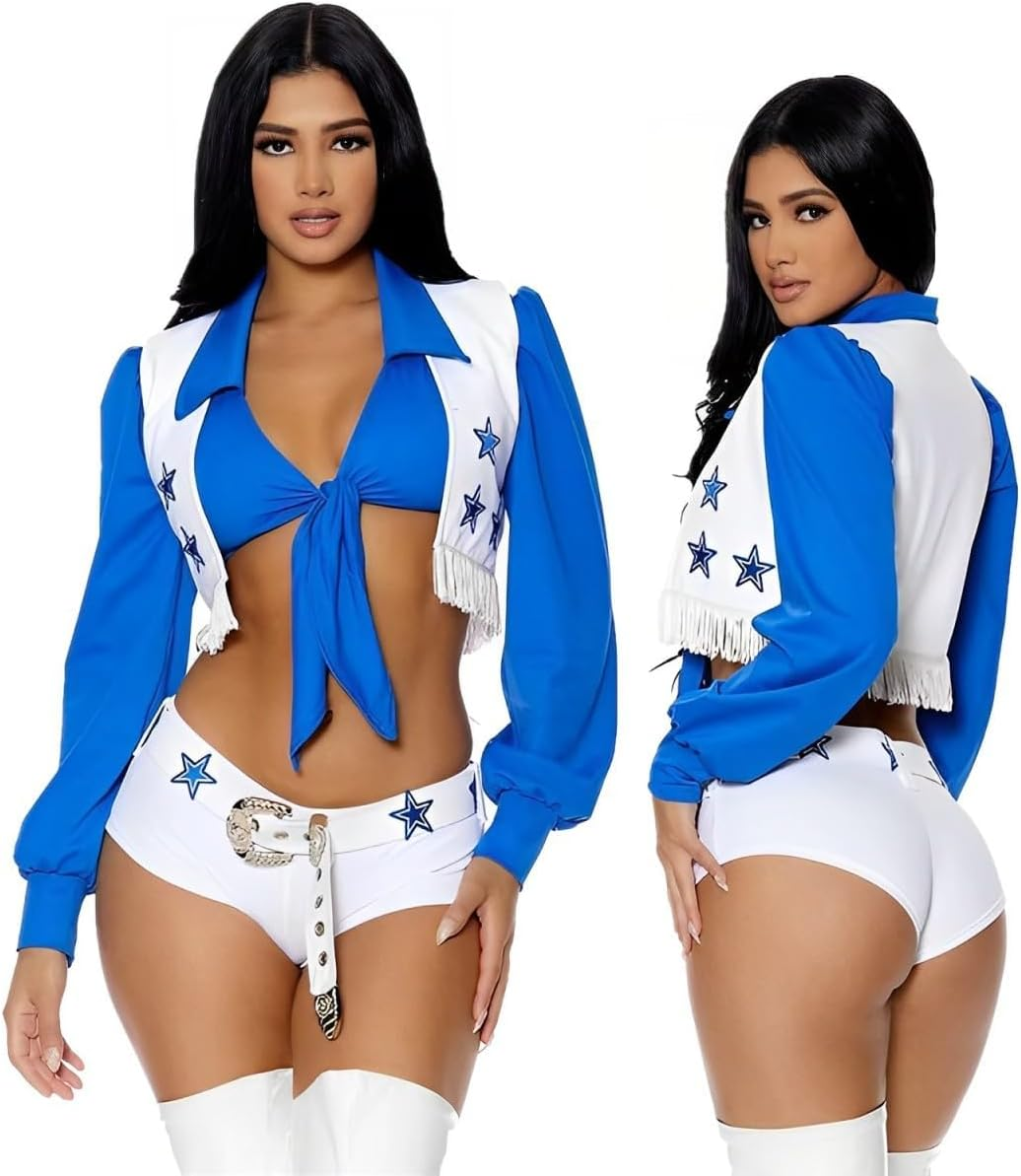 BYVCUI Cowboy Cheerleader Costume Adult Women Star Sexy Cheerleader Outfits Halloween Costume Girls Outfit Adult Halloween 3 Piece Shirt Vest and White Shorts image number 5