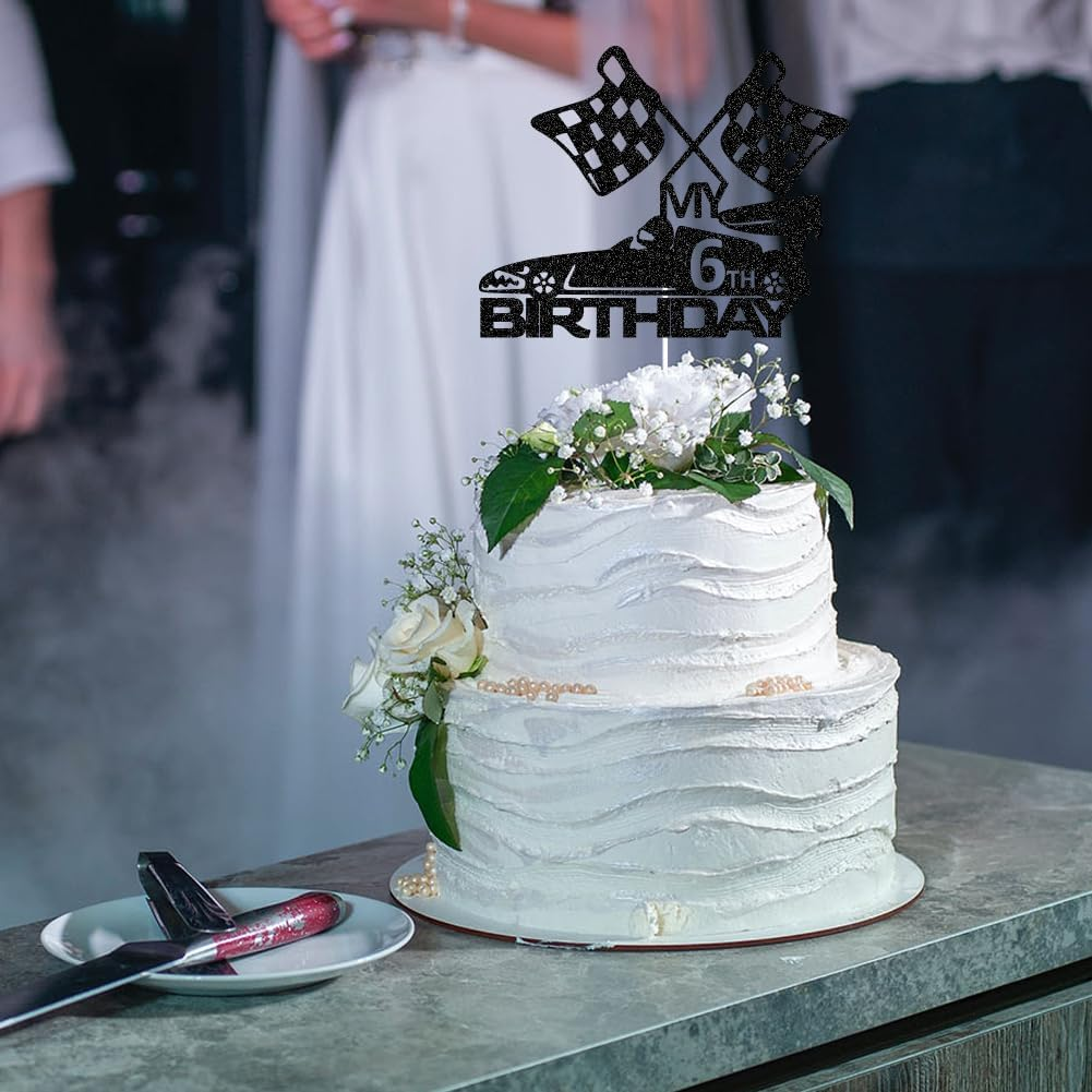 SWEETTALA Racing Car 6Th Cake Topper for Race Car Checkered Flag Themed Kids Boy Girl 6 Years Old Birthday Party Decorations Black Glitter (My 6Th Birthday) image number 4