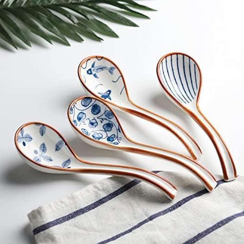 Asian Soup Spoon Ceramic Ramen Spoons Korean Spoons Porcelain Japanese Soup Spoon for Ramen Noodles Pho Miso Dumpling 4Pcs (Style 1) image number 6