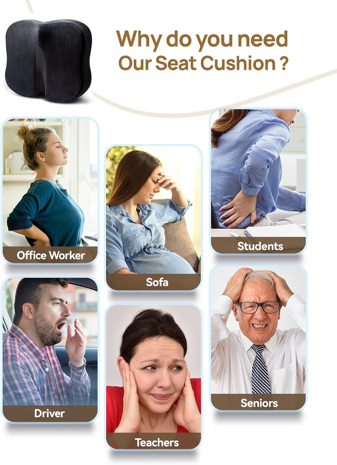 TRAVEL EASE Memory Foam Seat Cushion, Butterfly-Shape Seat Cushion for Long Hours Sitting Comfort, Butt Support Pillow for Office Chair, Car Seat, Dining Chair (Carbon Black) image number 1