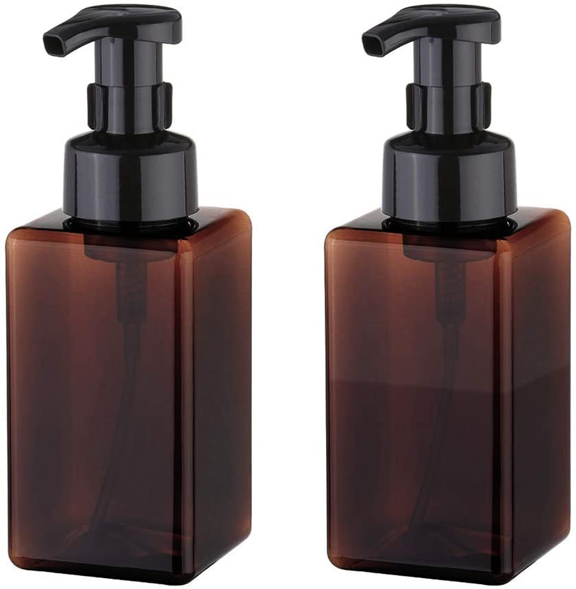UUJOLY Foaming Soap Dispenser 1L (33.8Oz) Refillable Plastic Pump Bottle for Liquid Soap, Shampoo, Body Wash (2 Pcs) (Amber)