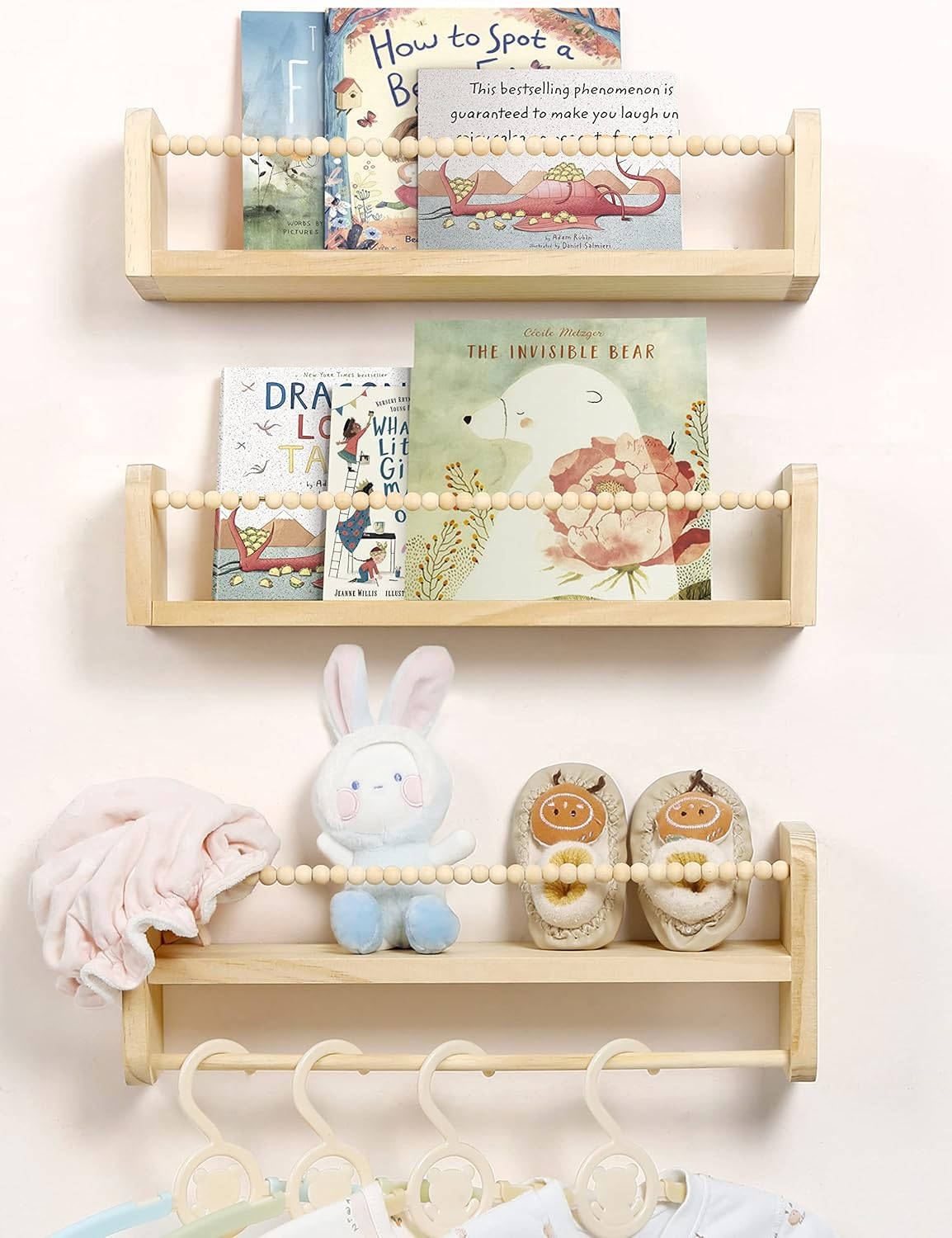 Nursery Floating Shelves for Wall, Set of 3 Book Shelves Natural Wood Wall Mounted Organizer with Towel Bar Hanging Bookshelves Nursery Decor for Kids Room, Bedroom and Kitchen image number 5