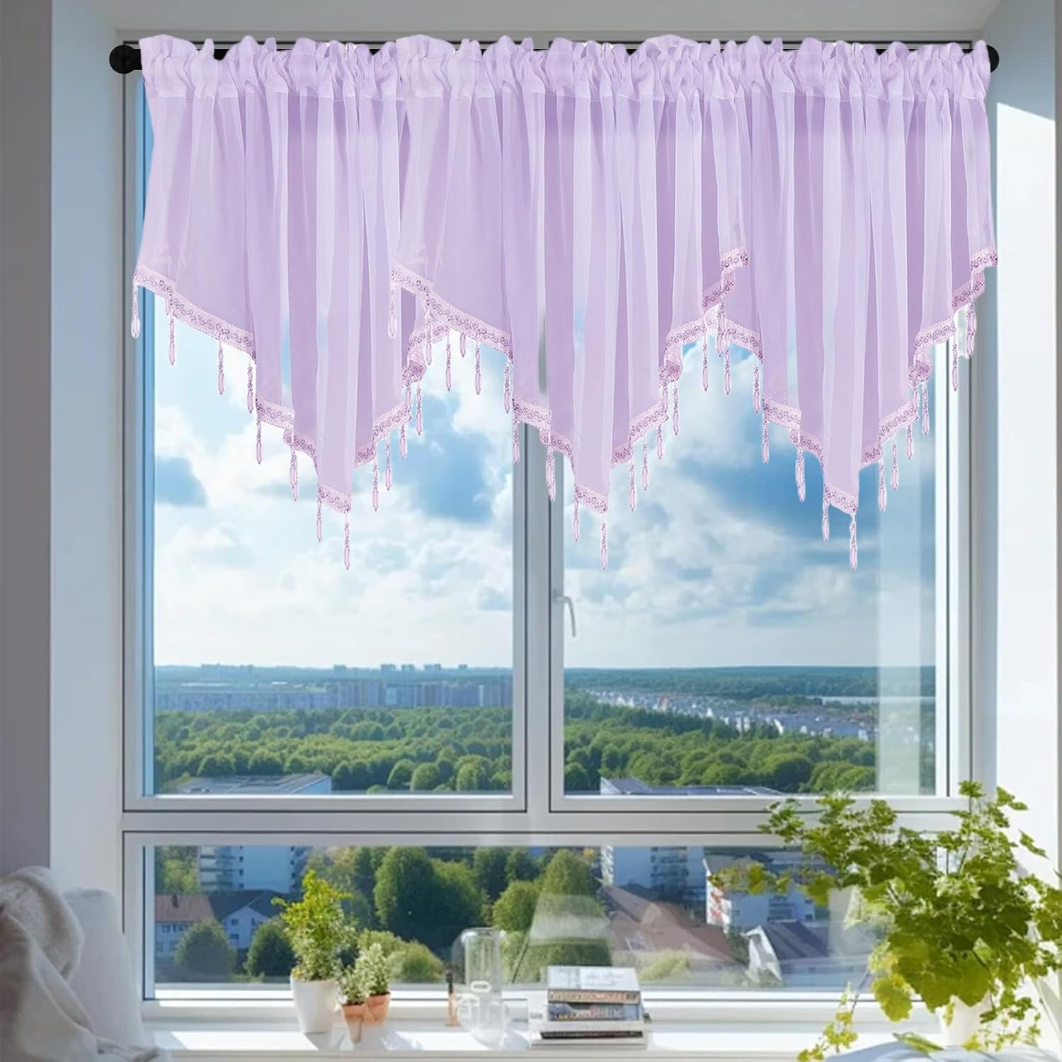 1Pcs Purple Sheer Valance Curtains 51.2 X 23.6 Inch, Beaded Swag Valances for Windows Living Room Kitchen Bedroom Bathroom, Short Top Farmhouse Valance Curtains with Rod Pocket Tassel Voile - Green image number 6