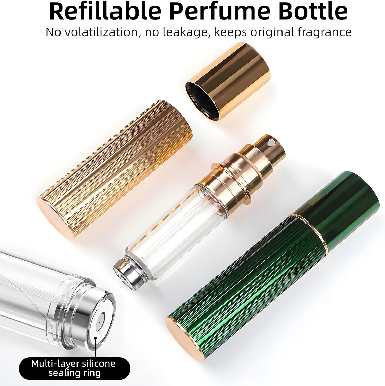 2 Pcs 10ML Perfume Atomiser Travel Bottle, Mini Perfume Spray Bottle Refillable, Leak-Proof, Fine Mist, Portable Travel Accessories for Women& Men Handbag Pocket Luggage, Gold & Green - Gold  Green image number 5