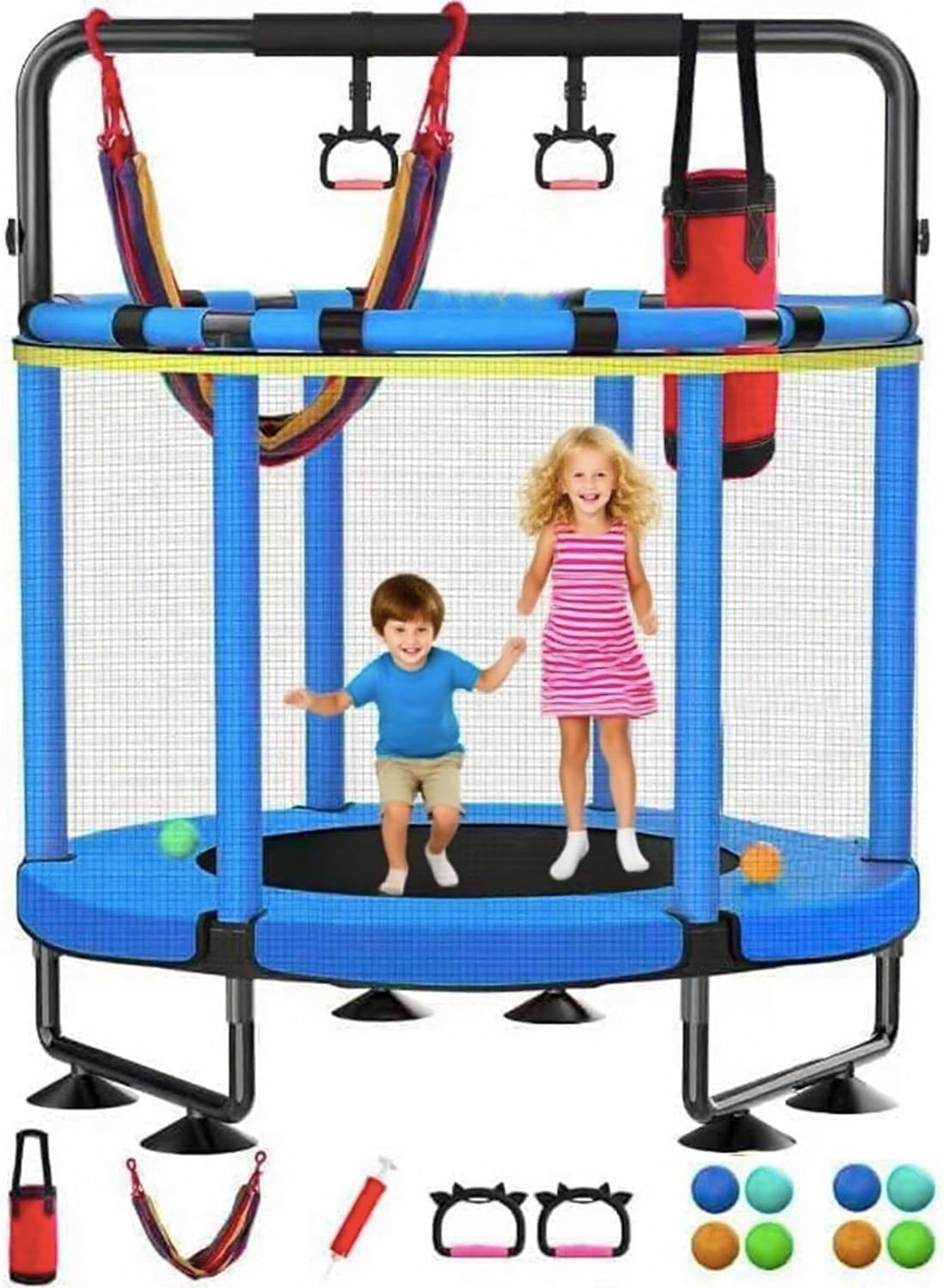 60" Trampoline for Kids with Enclosure, 440Lbs Capacity Indoor & Outdoor Toddler Trampoline with Adjustable Gymnastics Bar & Toys, for Boys & Girls