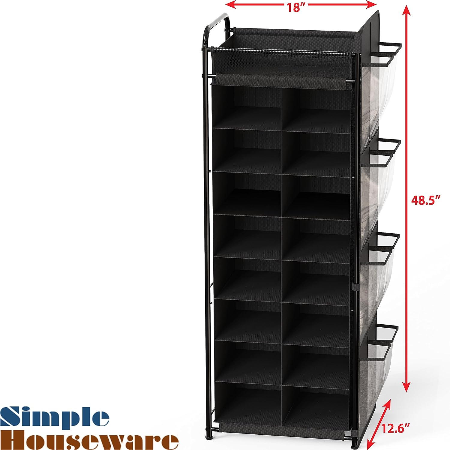 Simple Houseware 8 Tier Shoe Rack, 16 Cube with Top Shelf and Side Hanging Bag, Black image number 5