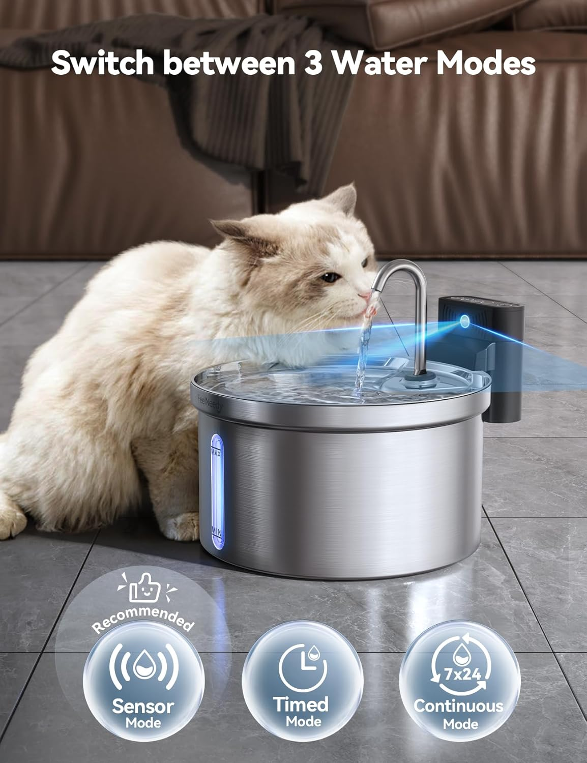 FEELNEEDY Stainless Steel Cat Water Fountain with 6 Filters, 3.5L/118Oz 4000Mah Battery Operated Cat Water Fountain with Motion Sensor, Water & Battery Separation (Fn-W08L-Stainless Steel+6 Filters) image number 2