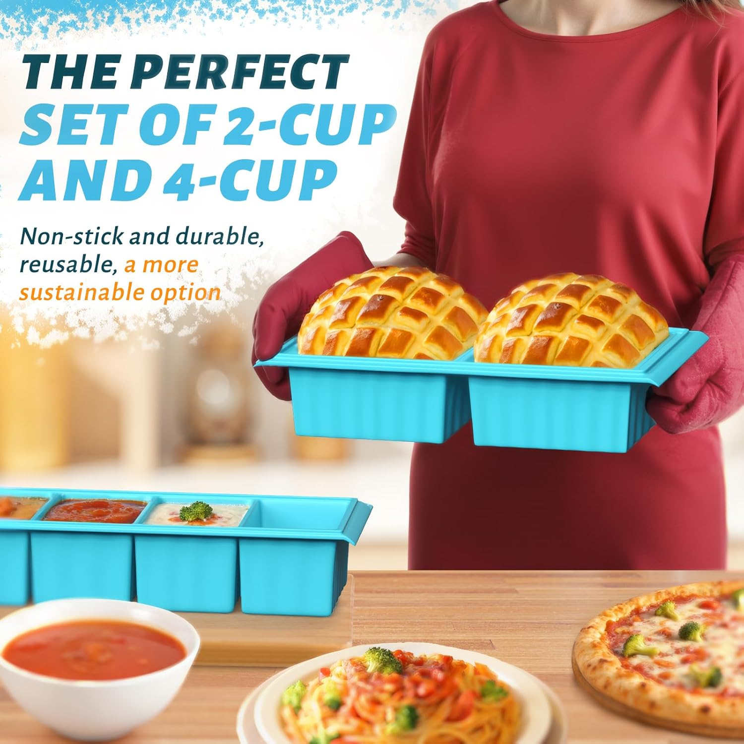 Dawntress Silicone Freezer Tray with Lid - 2Pack Soup Freezer Containers Moulds, Kitchen Portion Food Storage for Freezing Broth, Rice, Sauce, Leftovers, Gift Set BPA Free - 1 and 2 Cup image number 3