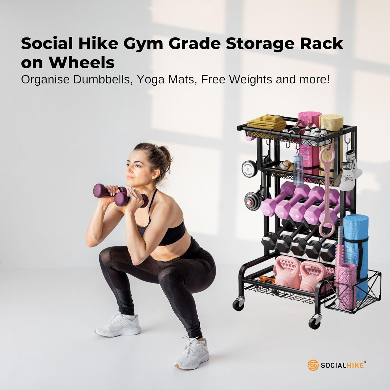 Social Hike Gym Equipment Storage Rack on Wheels - Dumbbells Weights Organiser image number 5