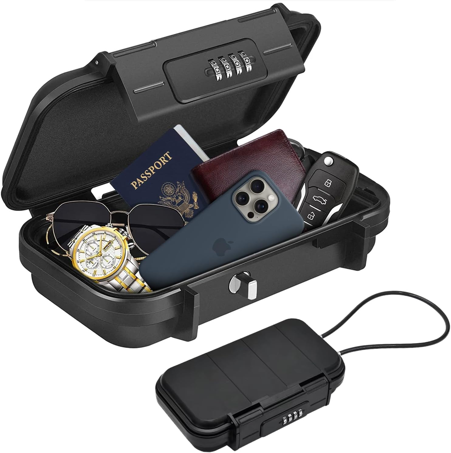 Travel Portable Safe Box, Outdoor Combination Security Case with 4-Digit Code, Waterproof Anti-Theft Lock Box with Wire for Passport, Credit Cards, Phones &ndash; Ideal for Home, Hotel, Travel, Beach, Car image number 3