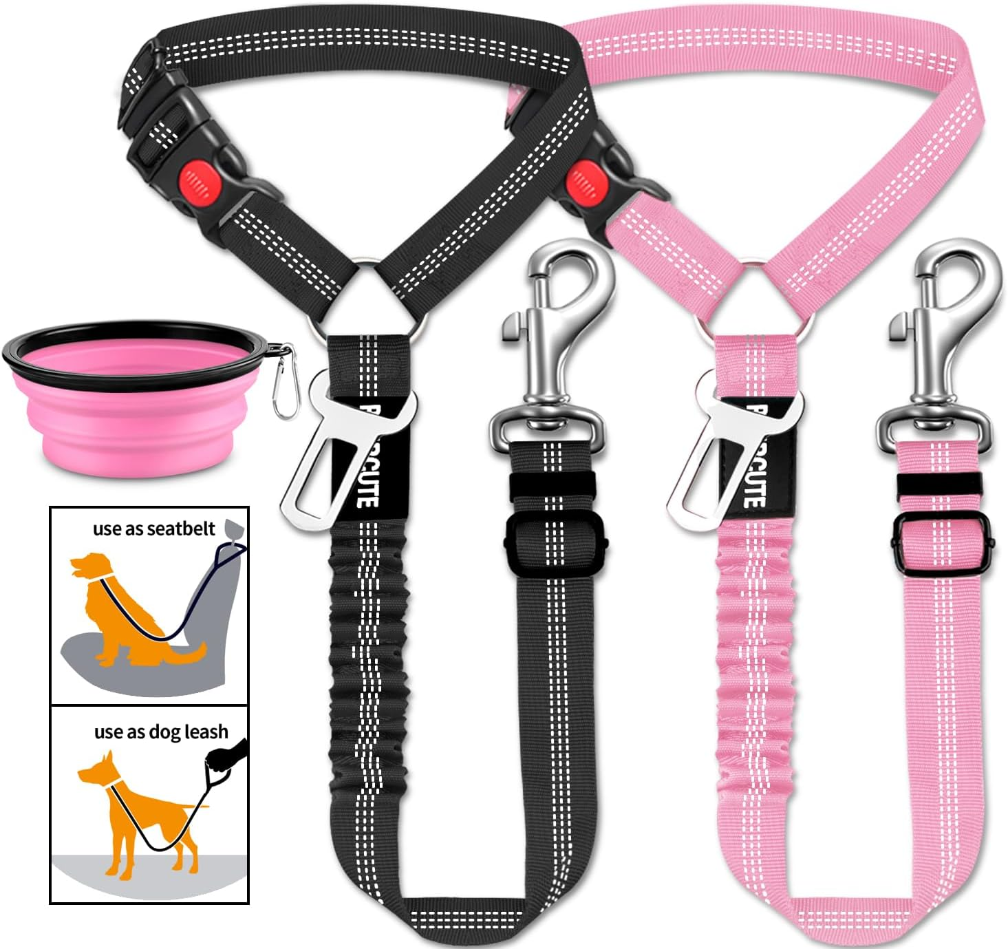 3 Piece Dog Car Seat Belt Set - Retractable Adjustable Pet Seatbelts for Vehicle Headrests - Heavy Duty, Elastic & Durable Car Harness for Dogs