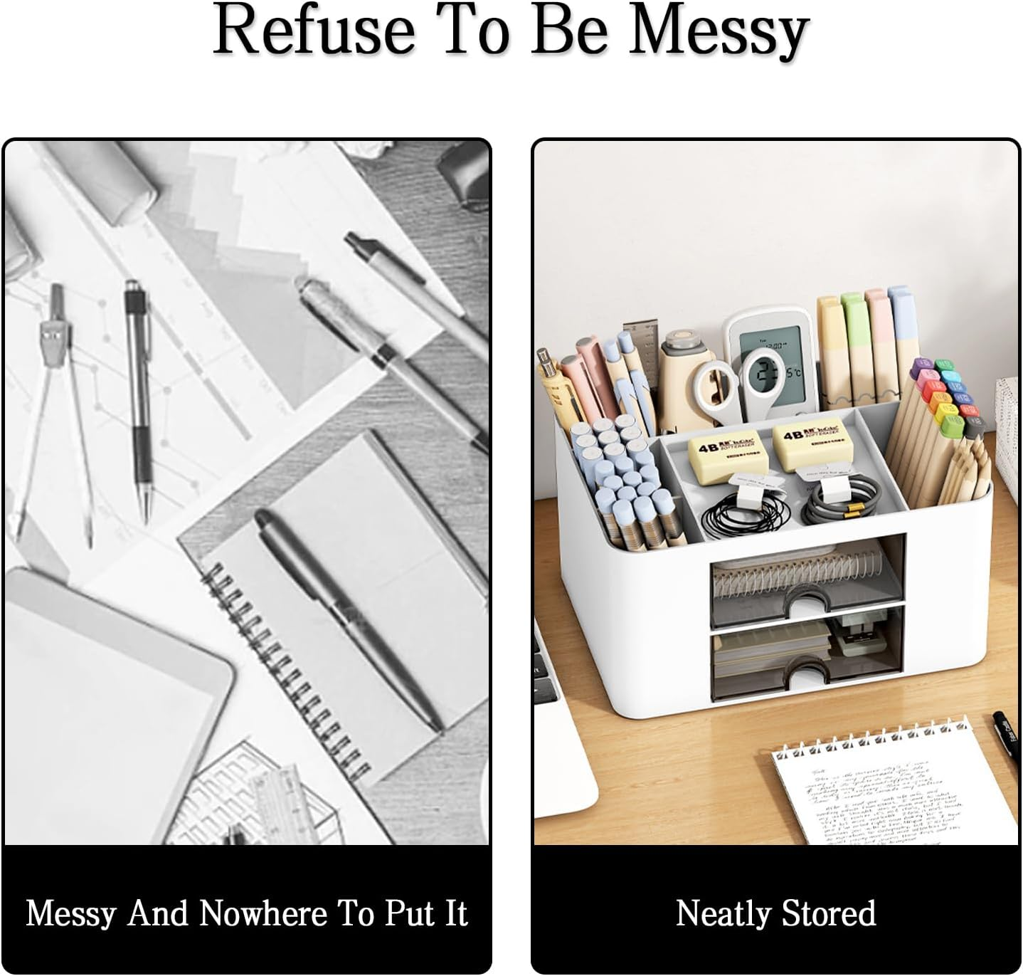 Desk Organizer with 2 Drawer and 5 Compartments, Multi-Compartment Pencil Pen Holder Drawer Storage Organizer Accessories for Office Home (White) image number 4