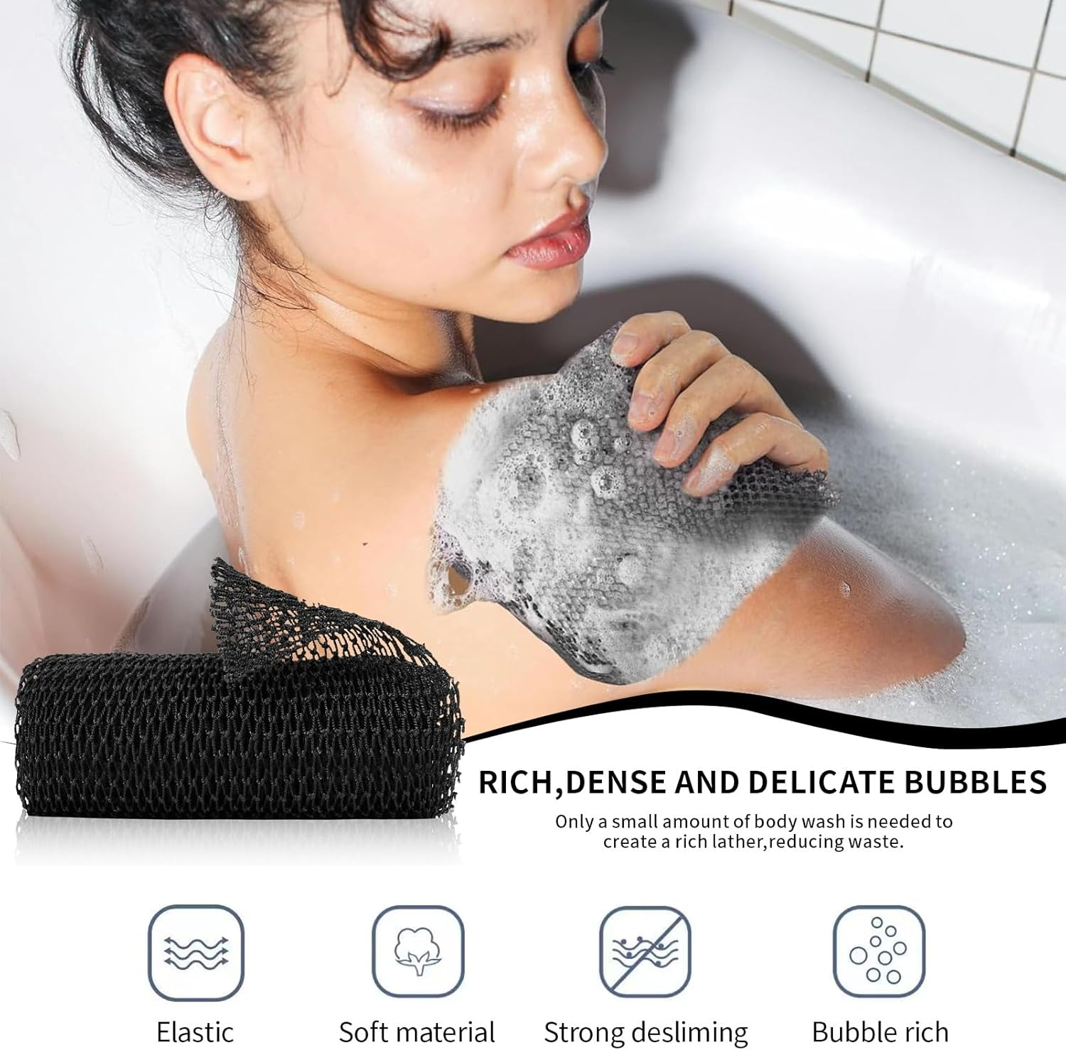 African Net Sponge Authentic, African Exfoliating Net Sponge, Long Net Bath Sponge Rag, Bathing Body Exfoliating, Shower Body Back Scrubber Skin Smoother, Stretch Length to 120 CM (Black) image number 1