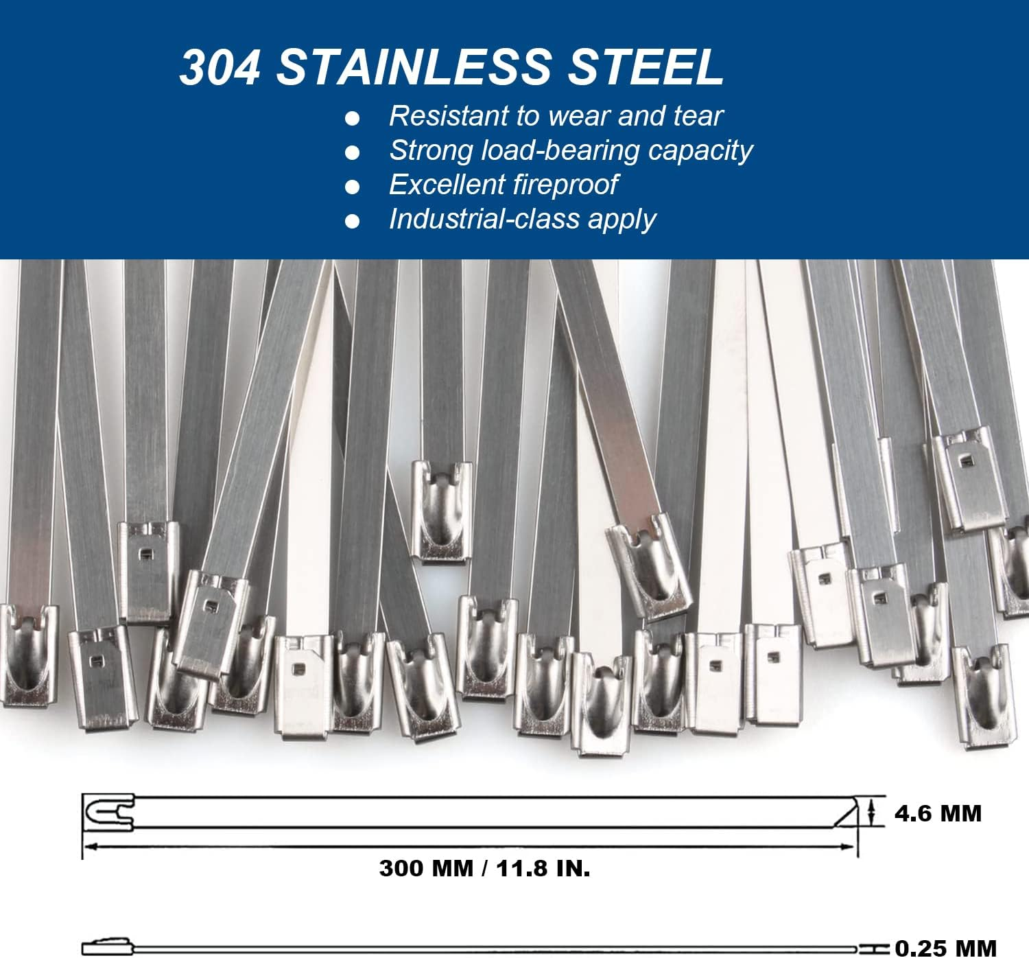 Metal Zip Ties 12 Inch, Heavy Duty 304 Stainless Steel Zip Cable Ties with 200 Lbs Tensile Strength, Self-Locking Strap Ties (100 Pcs)