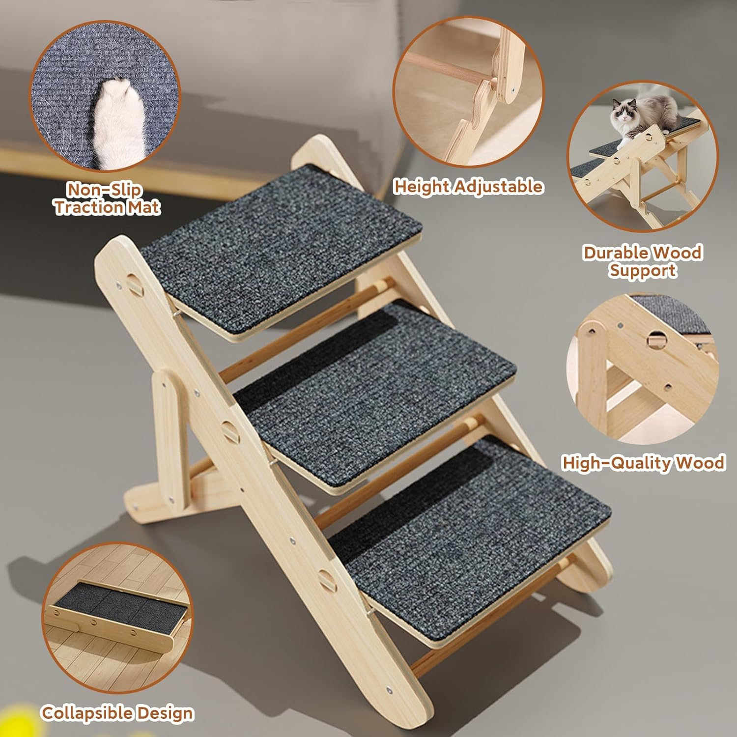 2-Level Convertible Foldable Dog Ramp & Stairs for Couch, Bed & Car, Wood Pet Steps for Small Dogs & Cats up to 22 Lbs, Non‑Slip Carpeted Surface, Portable Design (Assembly Required) image number 3