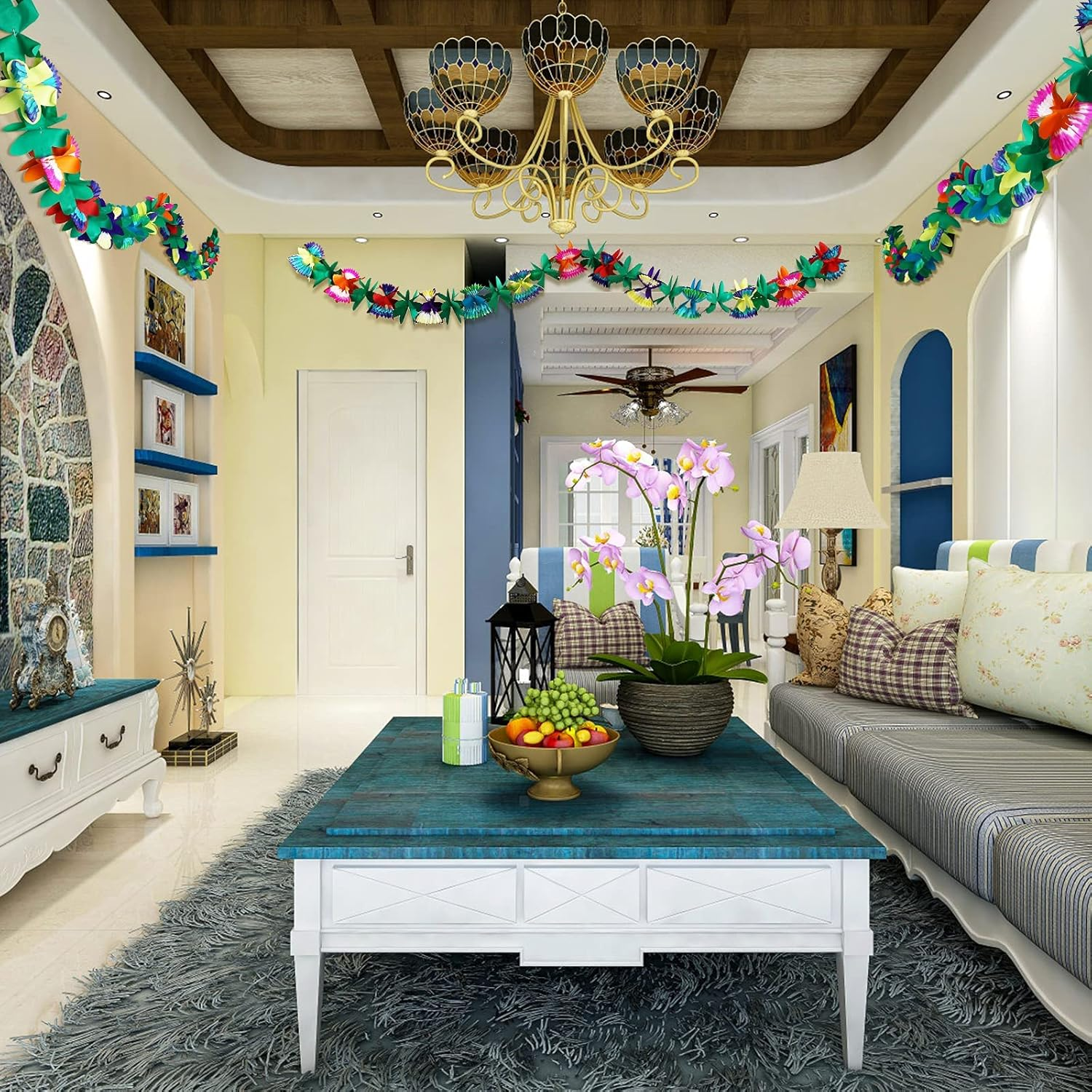 LEMESO 3 PCS Tropical Paper Flower Garland Hawaiian Flower Banner,30Ft Tissue Flower Banner for Luau Party Decorations, Tropical Party Decor，Christmas Decorations image number 4