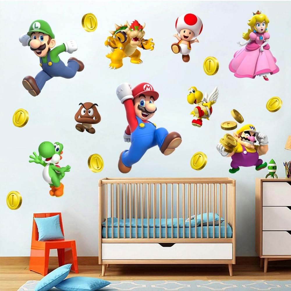 Mario Brothers Wall Decals Children Cartoon Bedroom Background Decoration PVC Wall Decor for Boys Room Living Room (Size 23.7 X 17.7 Inch)