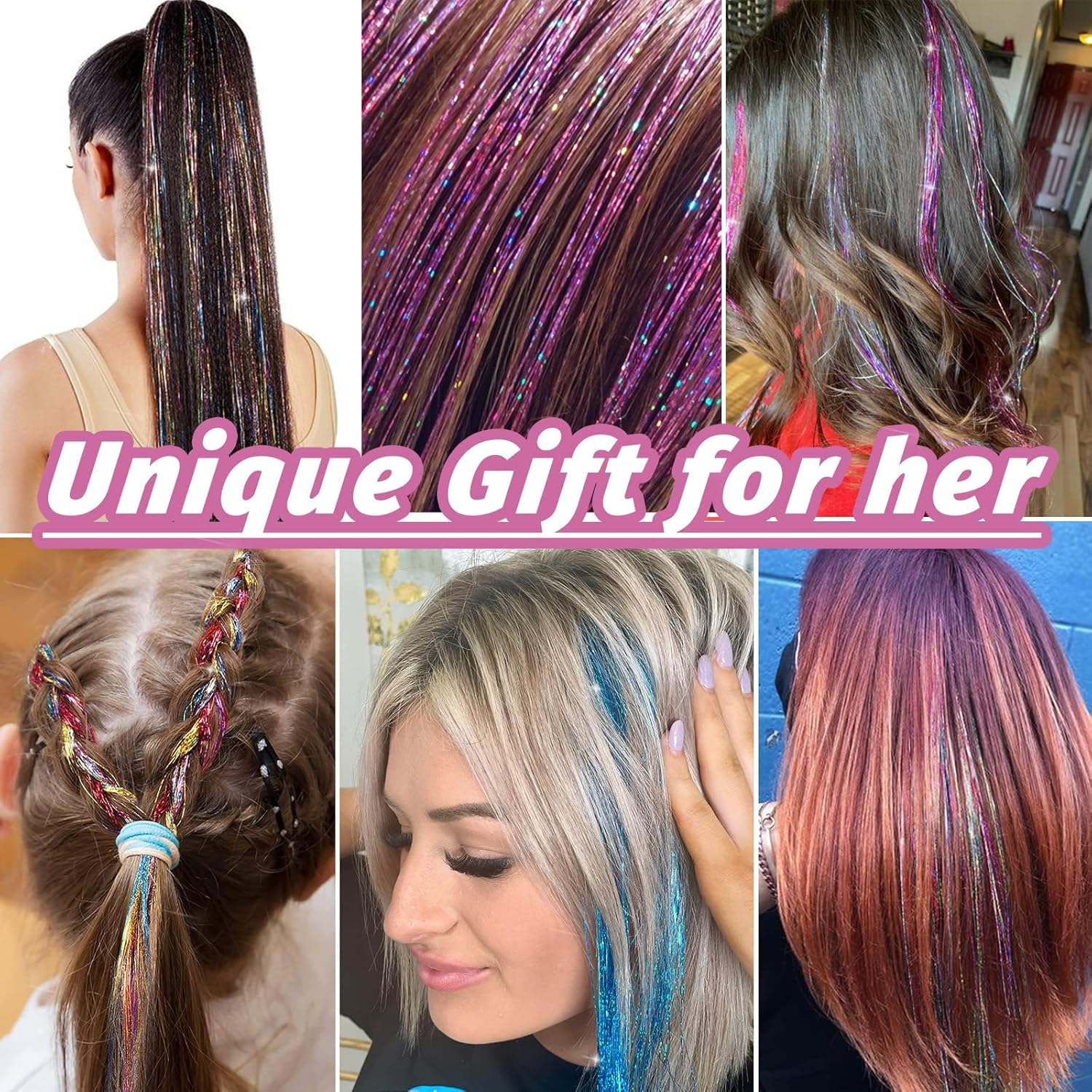 Hair Tinsel Extensions 1200 Strands &ndash; 47Inch Long Sparkle Glitter Hair Highlights, Holographic Fairy Shiny Tinsel Extensions for Women &ndash; Party, Festival and Christmas Hair Decorations (Pink) - Pink image number 2