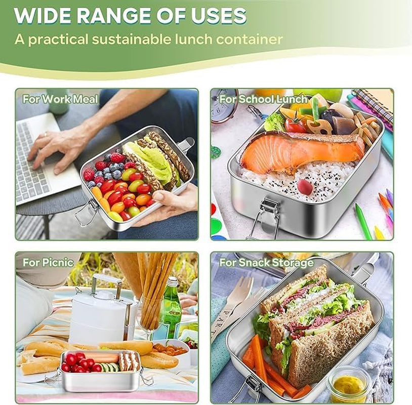 2-Pack Stainless Steel Lunch Box Set【1400Ml & 550Ml】&ndash; 1400Ml Leak-Proof Lunch Box with Divider & 550Ml Metal Snack Container, Reusable Food Storage for Work, School, and Outdoor Meals image number 2