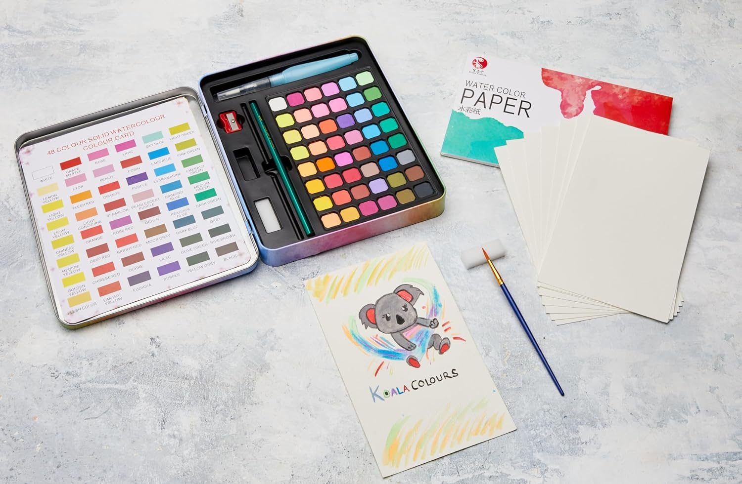 Professional 48 Water Colour Paint Set - Non-Toxic Paints & Vibrant Pigments Watercolour Set with Water Brush Pen and Metal Box Art Kit - Perfect for Kids, Adults, Beginners and Artists image number 2