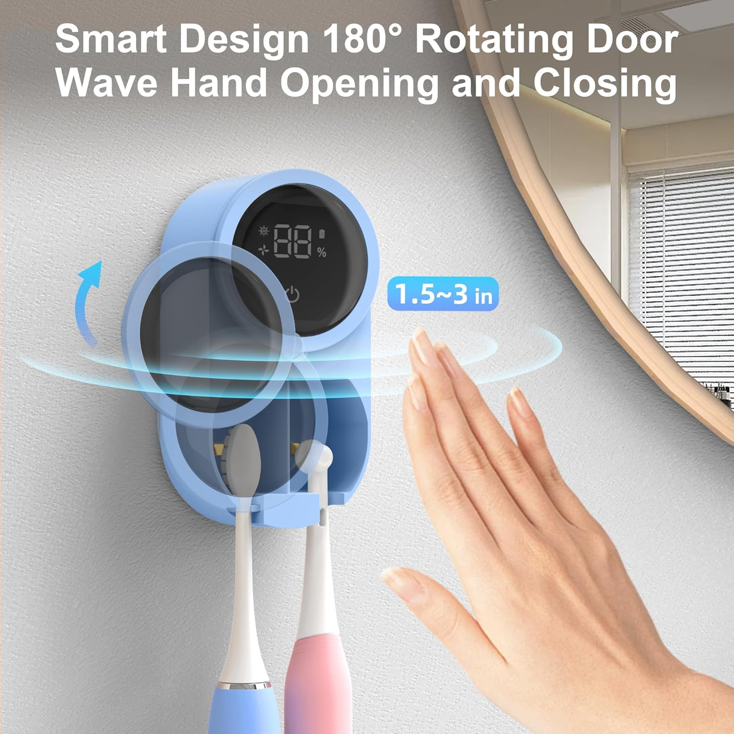 Toothbrush Holder and Cleaner for Bathroom Light Cleaning Fan Drying round in Circle Automatic Rotating Cover Wall Mounted Smart Home Gadgets (02 Blue) - 02 Blue image number 5
