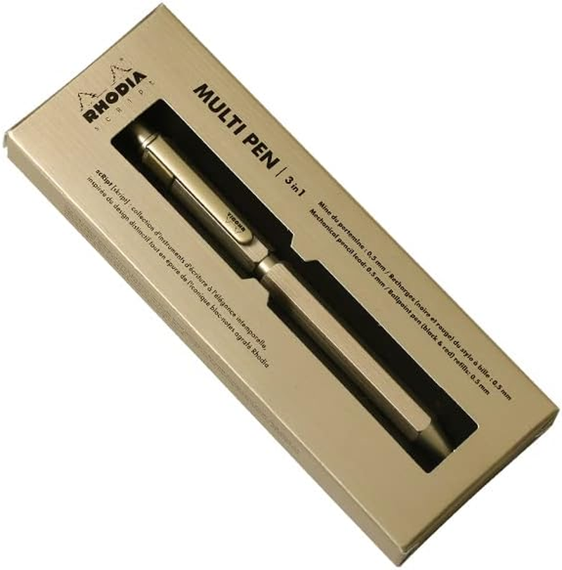 RHODIA 9345C - 3 in 1 Script Multi Pen 2 Ballpoint Pens 0.5 Mm Black & Red + 1 Graphite Mechanical Pencil 0.5 Mm - Hexagonal Body in Brushed Gold Aluminum - Refillable - Eraser under the Push Button image number 4