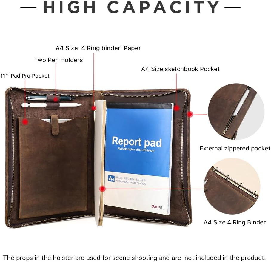 Contacts Full Grain Leather Portfolio 4 Ring Binder Professional A4 Notebook Folder Zipper Binder Organizer with 11" Ipad Pocket, 40 Sheets of A4 Paper