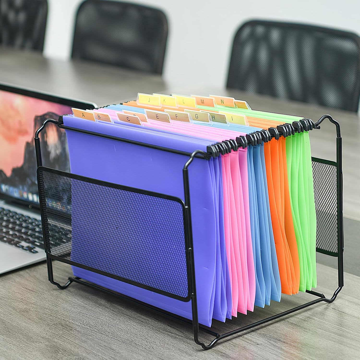 Merrynine Set of Suspension Files and Frame, 15PCS A4 Suspension Files with Tabs and Card, Black Metal Mesh A4 Suspension File Frame Desktop Hanging File Folder Organiser, 5 Color image number 3