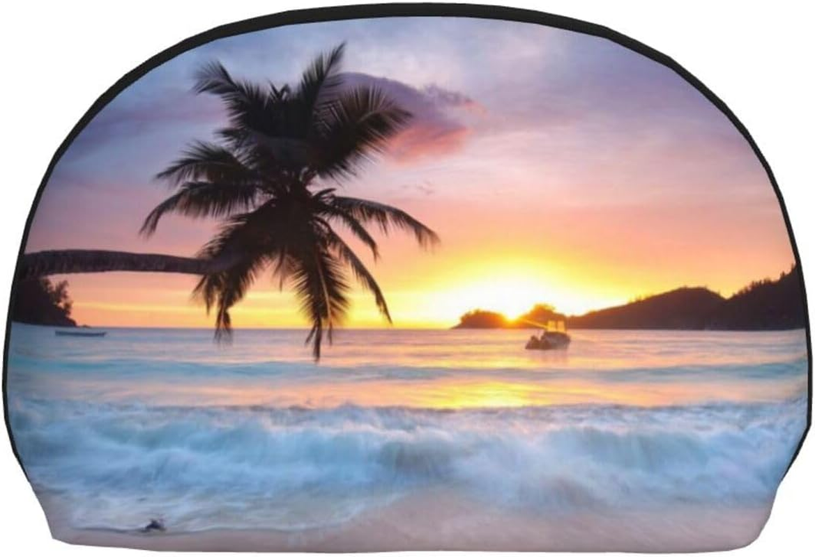 Cozimangoe Coin Pouch Makeup Bags Set, 2 Piece Shell Shape Cosmetic Bag with Pockets for Daily Travel Handbag Lipstick Keys Toiletry, Personalized Sunrise Tropical Palm Tree Island image number 2