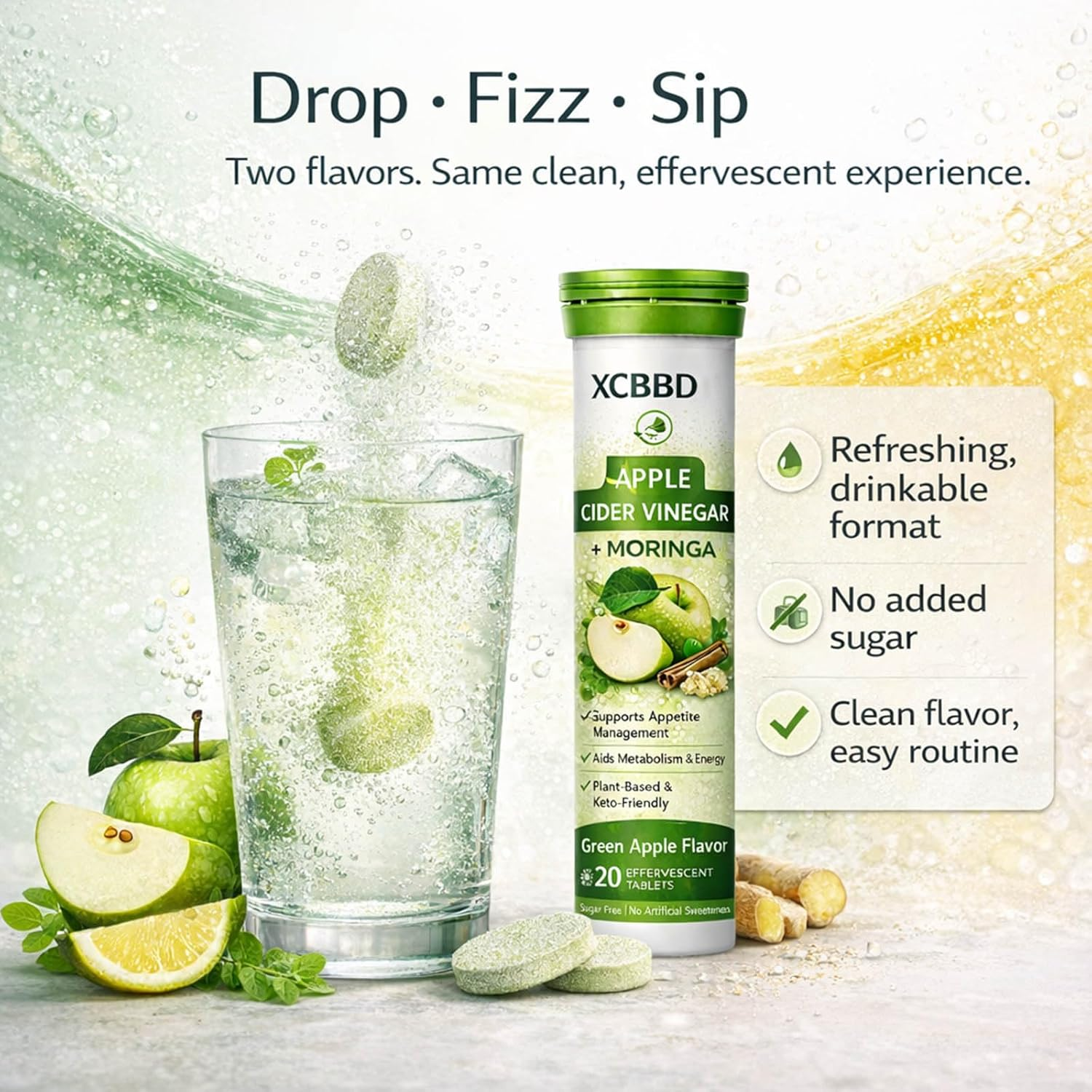 Apple Cider Vinegar + Moringa Effervescent Tablets &ndash; Green Apple & Lemon Masala Flavor Combo, Sugar Free ACV Drink Tablets, Plant-Based Daily Routine, 40 Tablets (2 Pack) image number 3