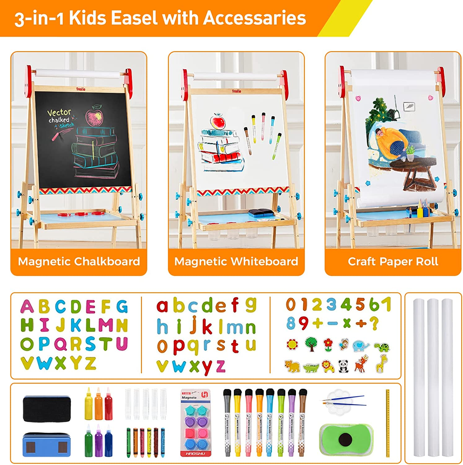 FUNLIO Art Easel for Kids Aged 2-8, Anti-Warp Board & Erasable Frame, Toddler Painting Easel with Magnetic Chalkboard/Whiteboard, 3-Level Height Adjustable, All-In-One Standing Easel with Paper Roll