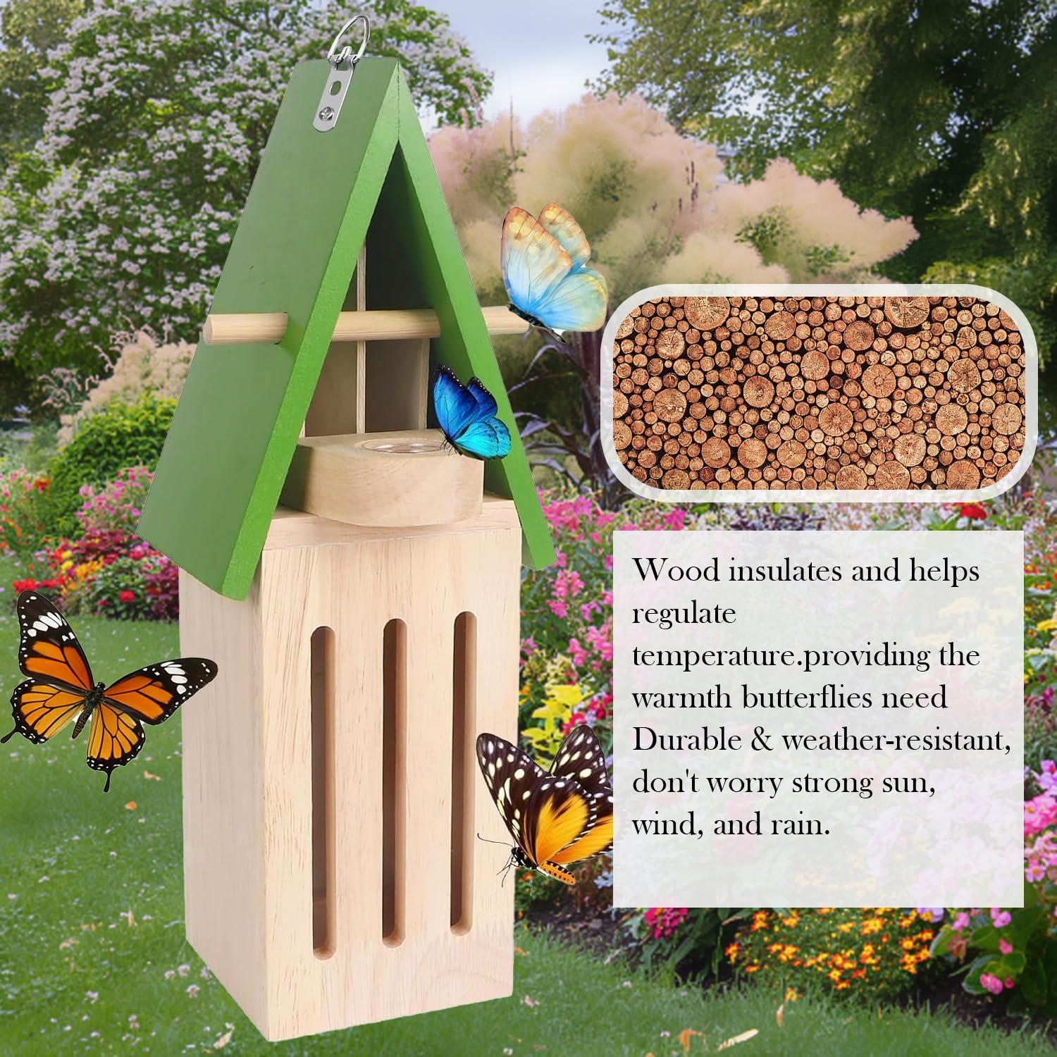 Wooden Butterfly House with Nectar Feeder & Hanging Hooks, Backyard Wildlife Shelter for Outdoor Use image number 1