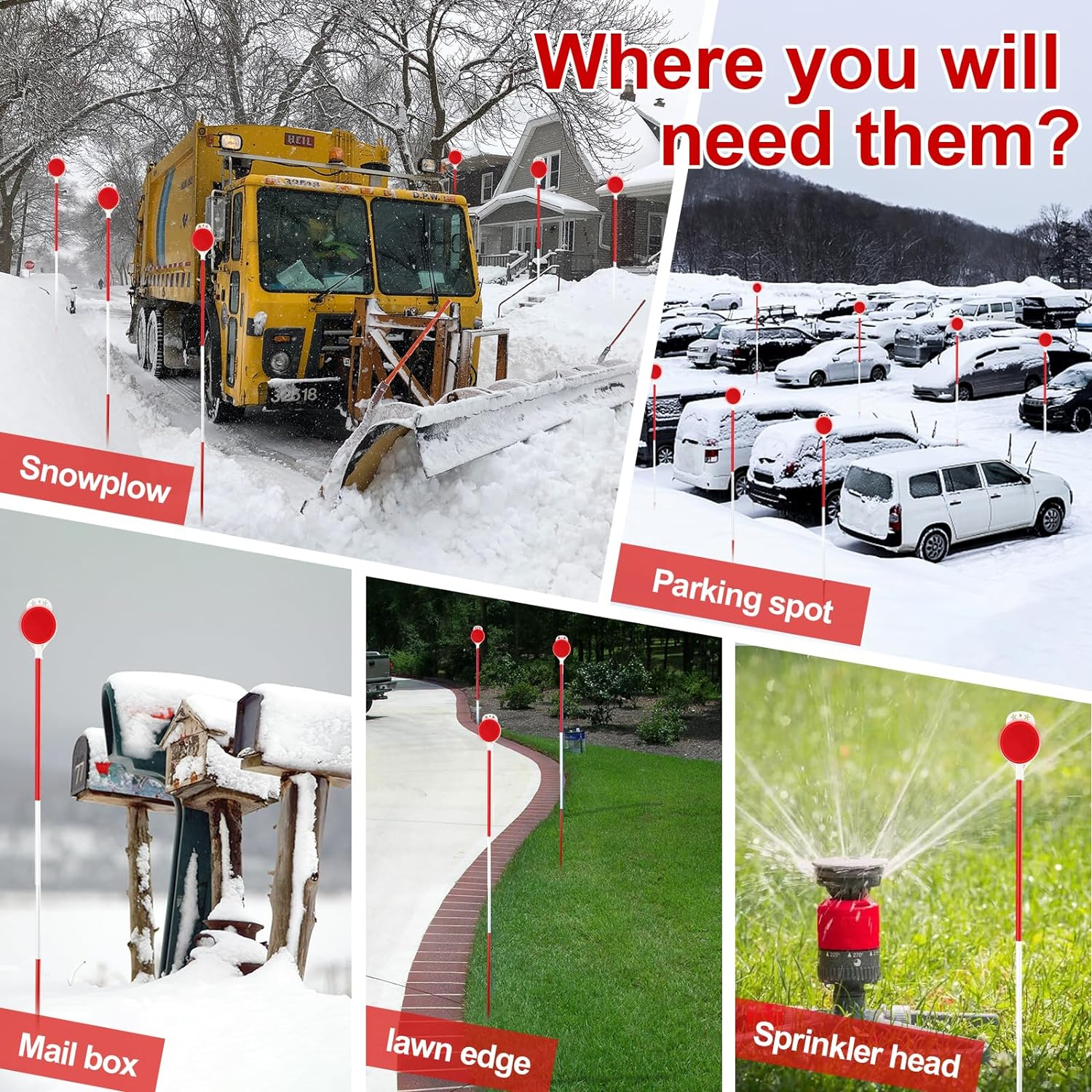 Reflective Driveway Markers - 50&rdquo;High Visiblility Driveway Reflectors Double Sided with Red & White Extra Thick Stainless Steel Pole - Rustproof for Road,Property Line,Yard,Snow Plowing - 8 Pack image number 1