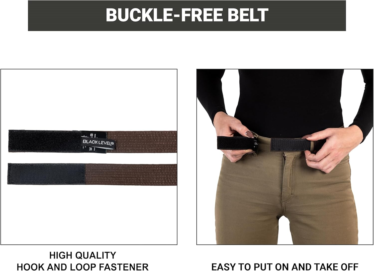BLACKLEVEL Buckle-Free Belt | Men and Women | Metal-Free Belt | Comfortable and Lightweight | Hook and Loop Fastener | Precise Fit