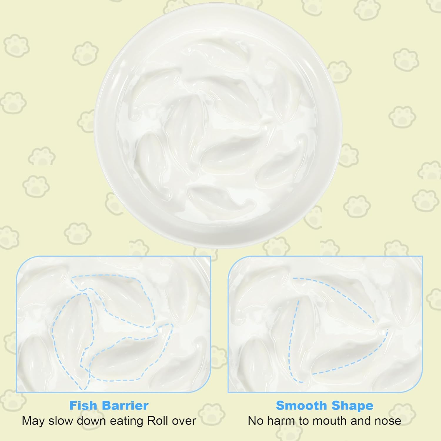 Raised Ceramic Slow Feeder Cat Bowl with Wood Stand, 6.4&times;1.14In Elevated Feeding Bowl Anti-Vomiting Non-Slip Slow Eating Dish for Cats (White)