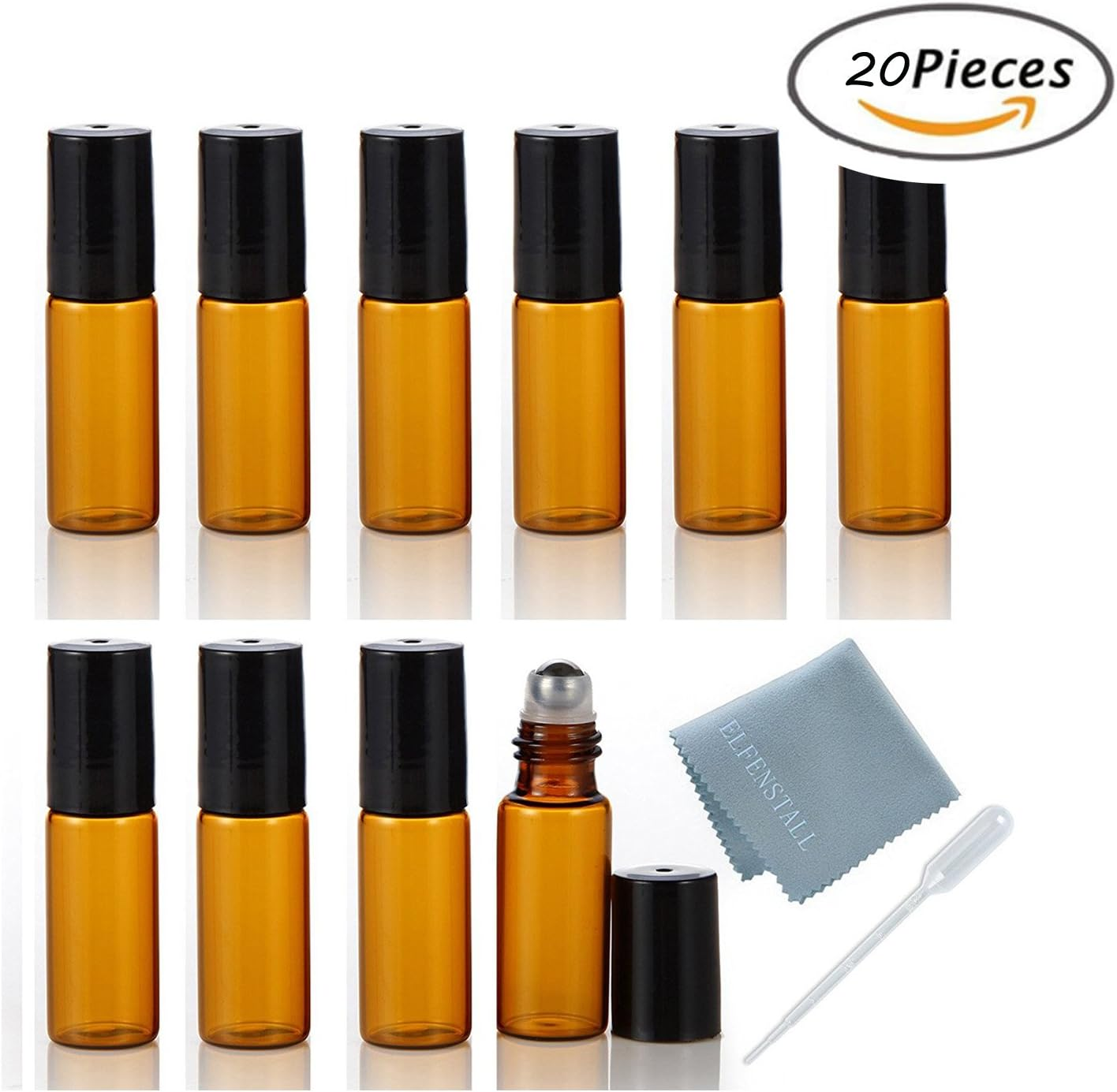 ELFENSTALL- 20PCS 5Ml Amber Glass Roller Bottles Roll on Bottle Container with Metal Ball for Essential Oil Aromatherapy Perfumes and Lip Balms - 3ML Dropper Included image number 3