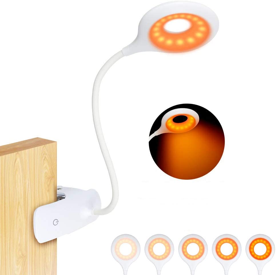 Clip-On Reading Light for Bed - Amber Book Light at Night Rechargeable 5 Brightness Desk Light Clamp Lamp, Touch Control Dimmable Lamp with Flexible Neck, Gentle Night Light (White) image number 2