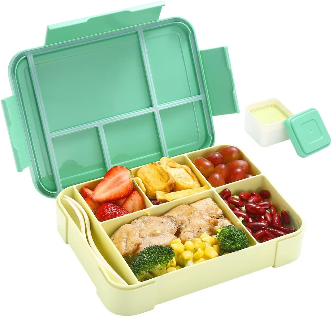 Inngly Children'S Lunch Box with 5 Compartments - 1.3L BPA Free Bento Box, Leak-Proof, Durable, Microwave & Dishwasher Safe, Includes Fork & Spoon, 9X6.7X1.9 Inches