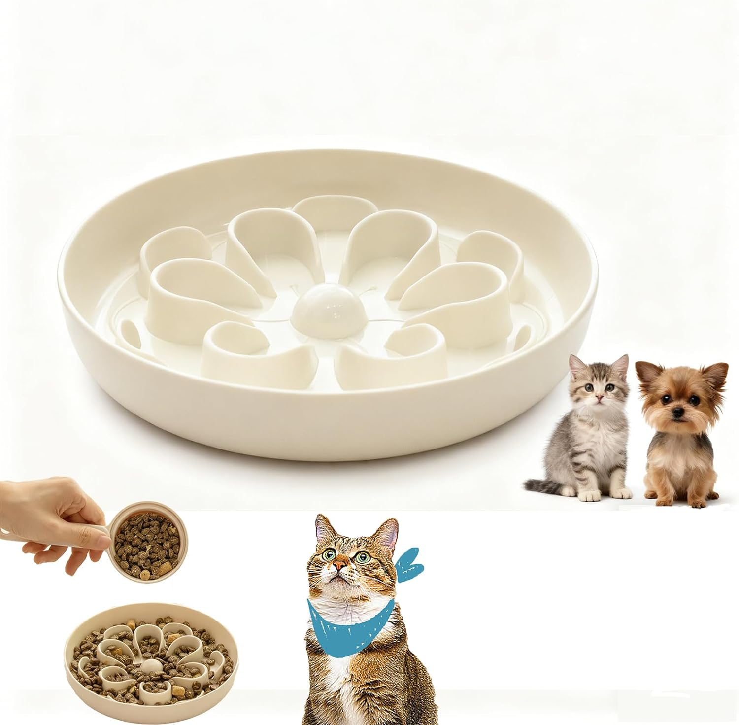 Slow Feeder Cat Bowl, Floral Maze Food Plate for Slow Eating, Melamine Cat Dish, Anti-Sling Bowl for Cats, Suitable for Wet and Dry Food, White image number 1