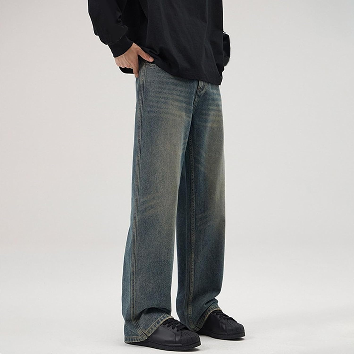 Men Loose Fit Skateboard Denim Pants Vintage Relaxed Fit Denim Trousers Baggy Y2K Hip Hop Jean Pants, Blue 1, L image number 3