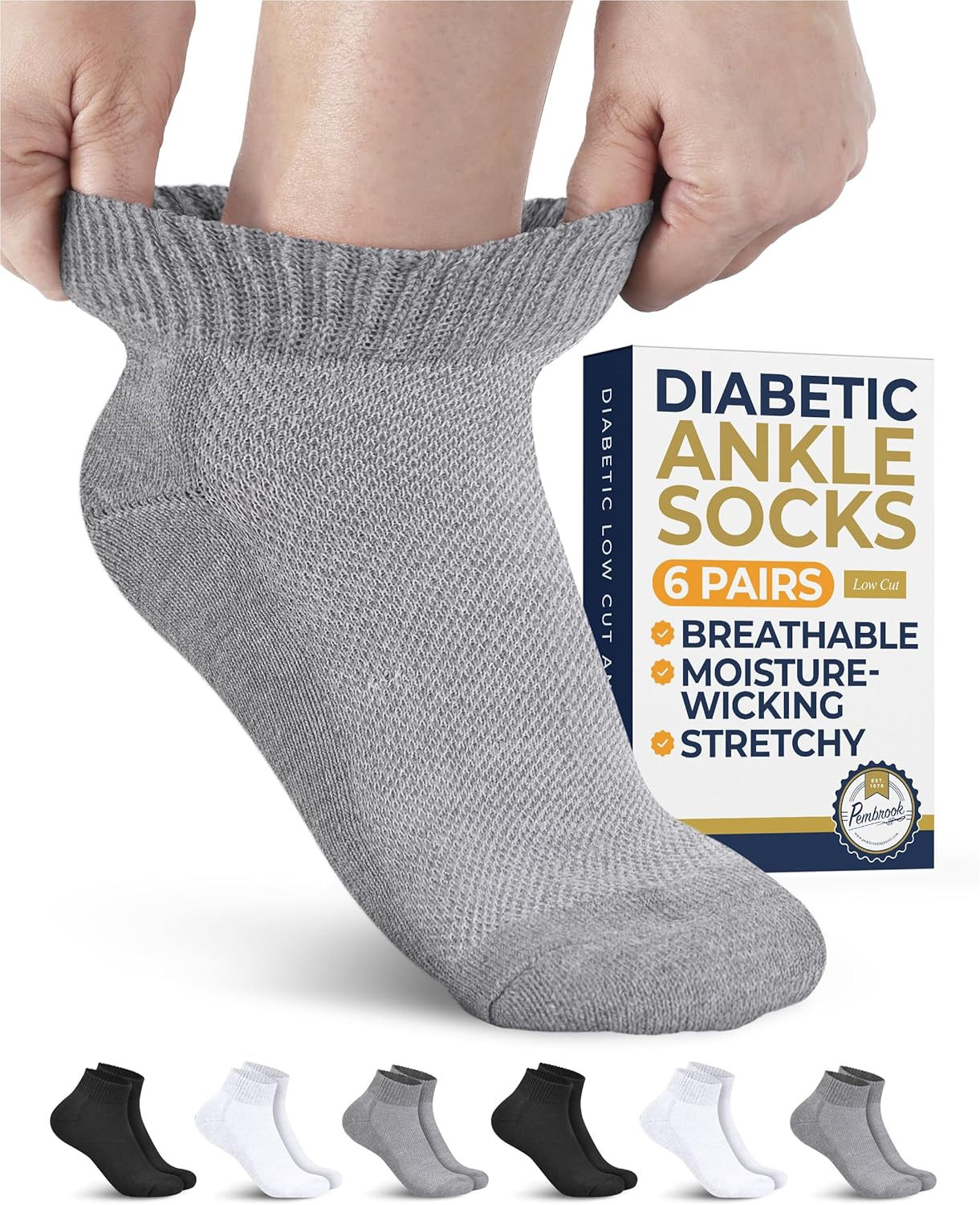 Pembrook Diabetic Ankle Socks - 6 Pairs Low Cut Seamless Diabetic Socks Women & Men, Blue, Ankle Length, Small/Medium-Large/X-Large, 6 Count