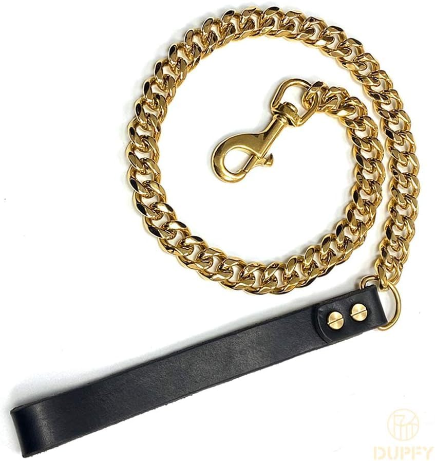 Gold Chain Leash for Large Dogs Metal Chew Proof 19 Mm Heavy Duty Fully Welded Stainless Steel Pet Leash Chain with Leather Padded Handle