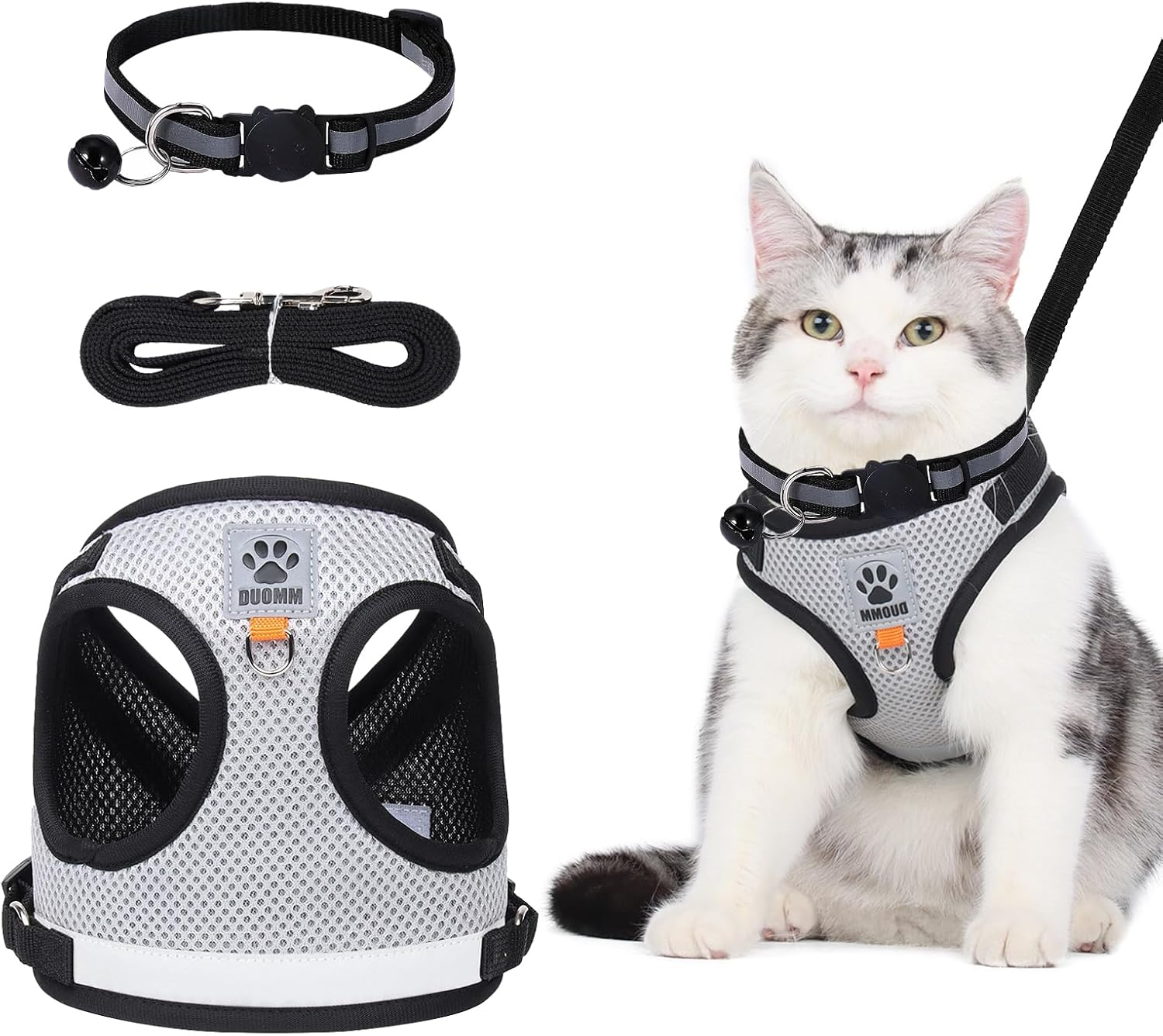 TAIXING Adjustable Reflective Cat Harness with Lead, Escape Proof, Grey, Fashion, Cat Harness, 360-Degree Reflective Band, Bell on Collar, Lost Card Hanging Loop, Small image number 1