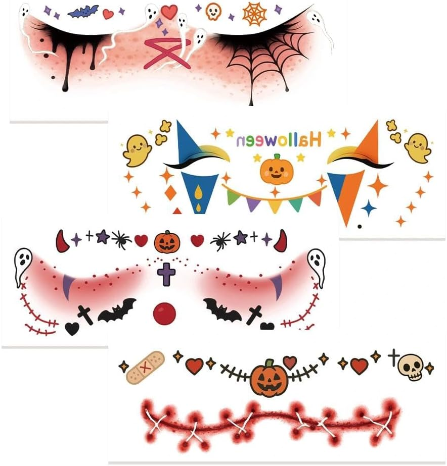 Halloween Face Stickers for Women Girls Cute Bat Skull Spider Pumpkin Temporary Face Tattoos for Day of the Dead Festival Halloween Party Vampire Gothic Masquerade Makeup Decorations 4Pcs