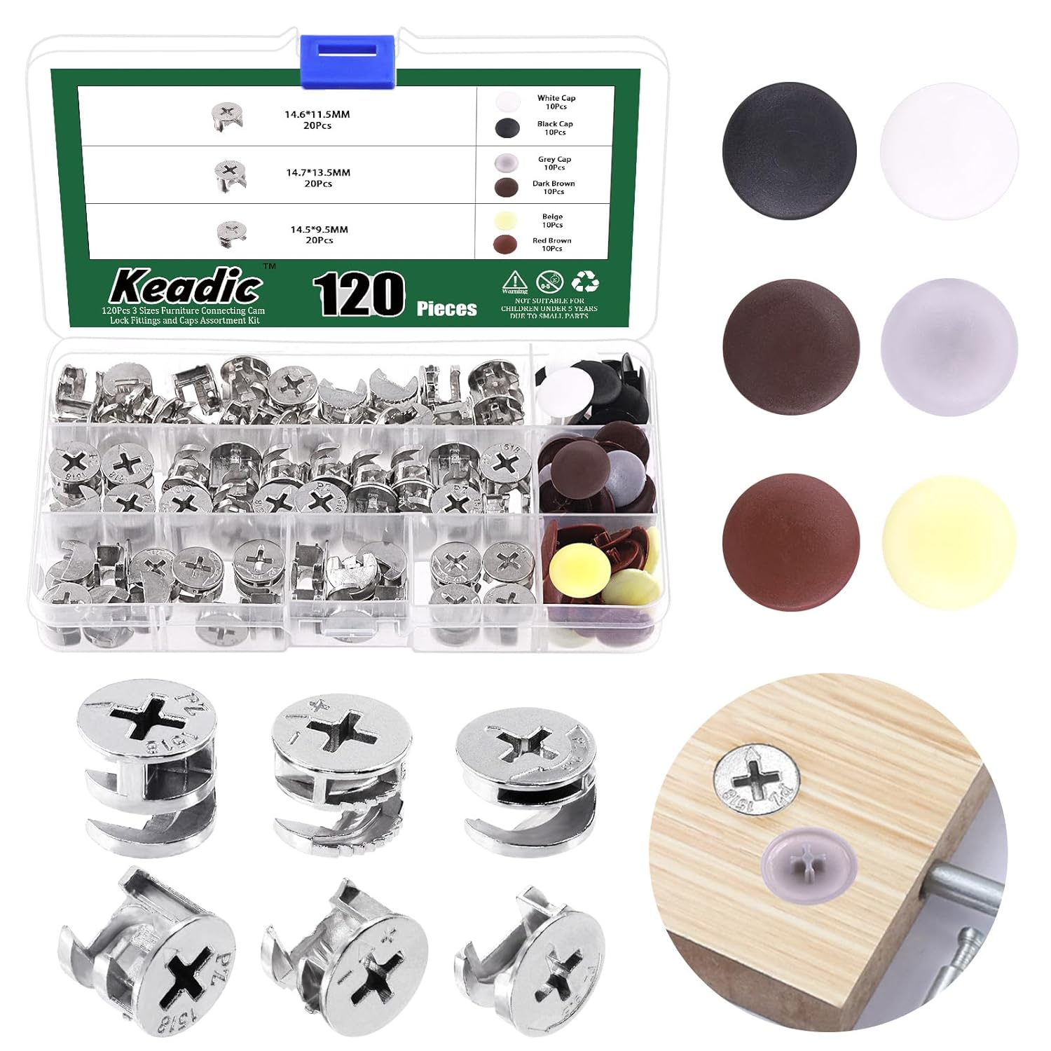 Keadic 120Pcs Furniture Connecting Cam Lock Fittings Assortment Kit with Plastic Screw Cover Caps, Joint Connector Nut Cabinet Connectors Hardware Bolts for Wardrobe Drawer Closets Bed image number 4