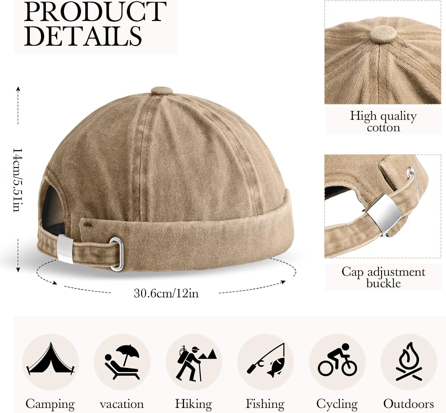 2 Pieces Brimless Hats for Men Adjustable Docker Hat Casual No Brim Hat Visor-Less Flip Hat Sailor Skullcap image number 1