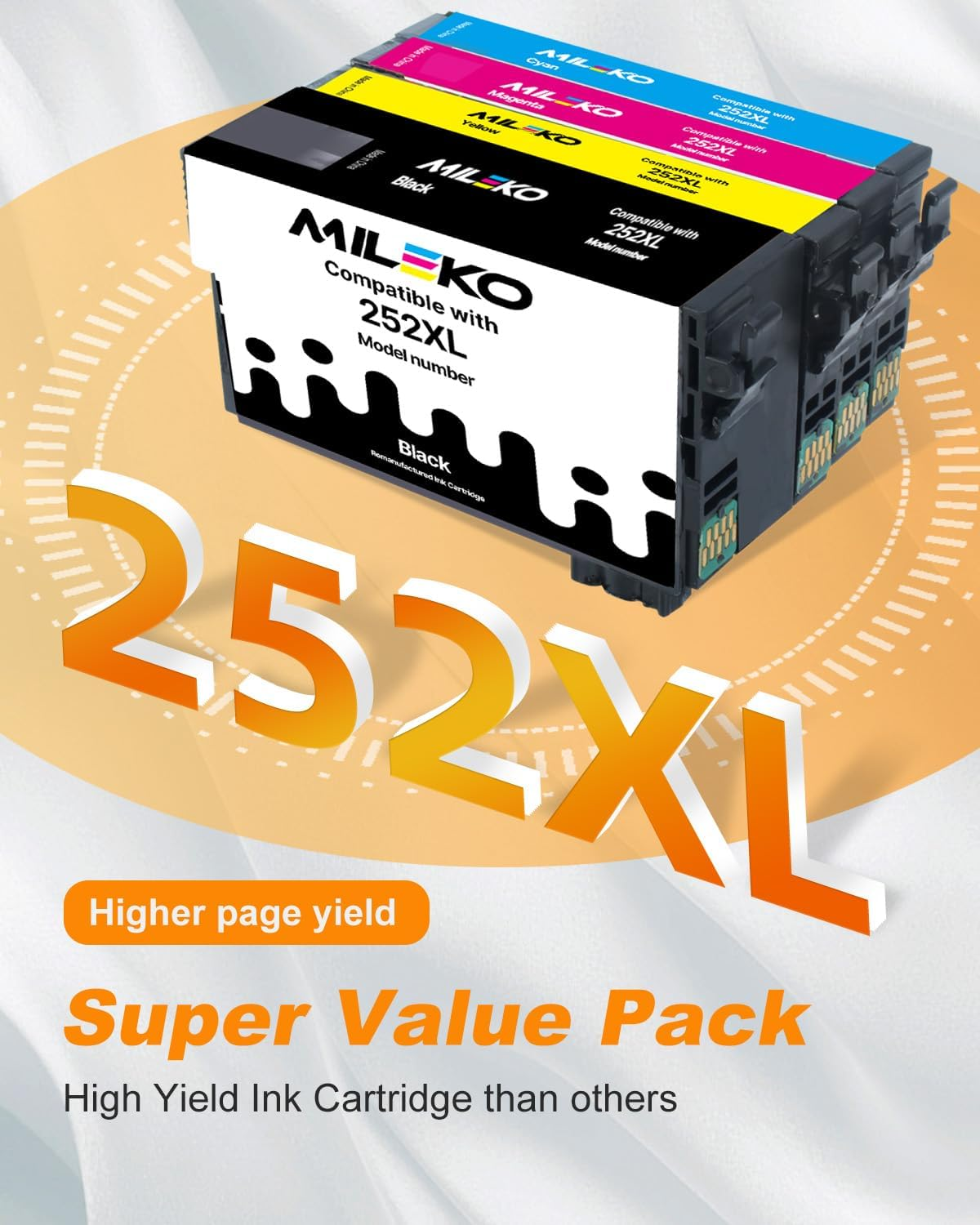 MILEKO Remanufactured Ink Cartridge Replacement for Epson 252 252XL T252XL (Black, Magenta, Yellow and Cyan, 4-Pack) to Work for Epson Workforce WF-3640 WF-7720 WF-3620 WF-7710 WF-7620 WF-7610 Printer image number 4